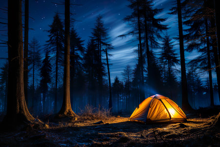 Tent in the wild surrounded by mountains, forests and night sky. Generative AI.の素材