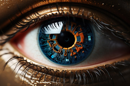 Eye pupil of a robot, cybernetic eye. Futuristic eye of a robot. Generative AI.の素材