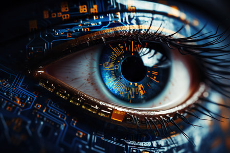 Eye pupil of a robot, cybernetic eye. Futuristic eye of a robot. Generative AI.の素材