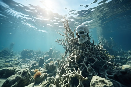 Dead corals with a human skull on top. Dead coral reef in the warming ocean. Climate change is destroying coral reefs and humanity around the world. Generative AI.の素材