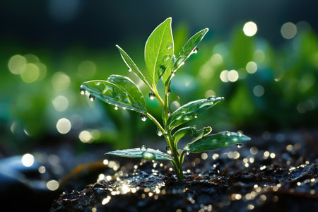 Fresh plant with dew drops on its leafs. Generative AI.の素材