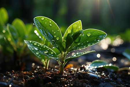 Fresh plant with dew drops on its leafs. Generative AI.の素材
