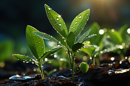 Fresh plant with dew drops on its leafs. Generative AI.の素材