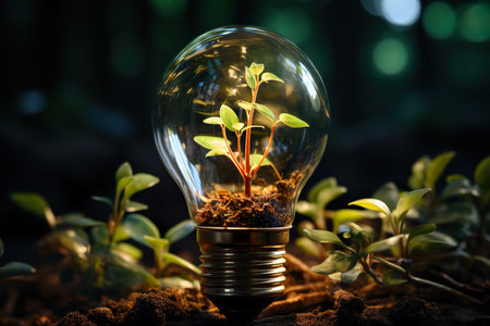 Glowing bulb in the forest symbolising a green energy. Generative AIの素材