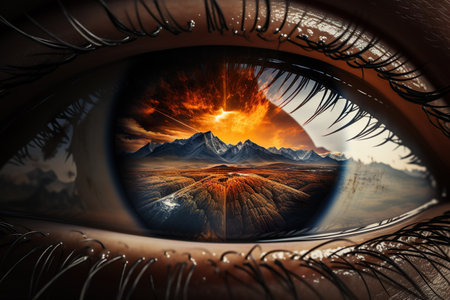 An Adventurer eye looking to the mountains. Generative AIの素材
