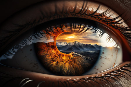 An Adventurer eye looking to the mountains. Generative AIの素材