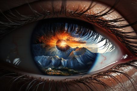 An Adventurer eye looking to the mountains. Generative AIの素材