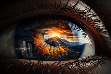 An Adventurer eye looking to the mountains. Generative AIの素材