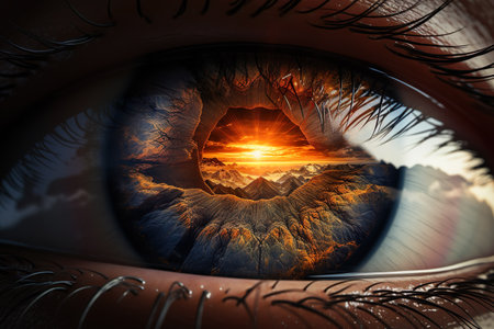 An Adventurer eye looking to the mountains. Generative AIの素材