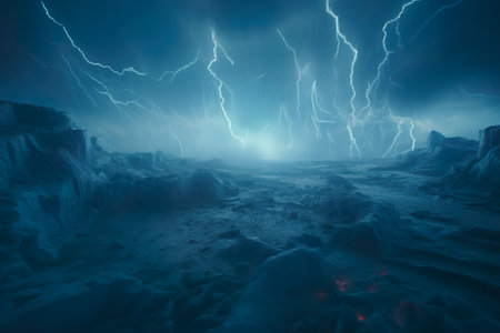 Climate change concept. Strong storm over the glaciers in the Arctic and Antarctic. Generative AI.の素材