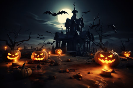 Halloween pumpkin head jack lantern with burning candles and a scary house with dead trees. Generative AIの素材