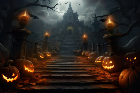 Halloween pumpkin head jack lantern with burning candles and a scary house with dead trees. Generative AIの素材