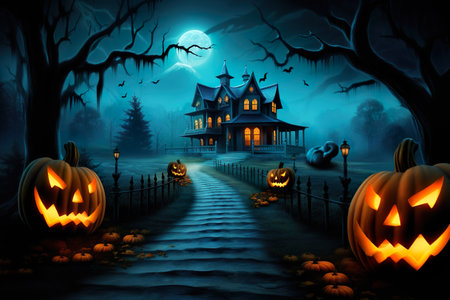 Halloween pumpkin head jack lantern with burning candles and a scary house with dead trees. Generative AIの素材