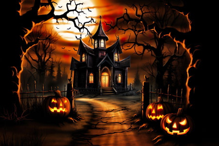 Halloween pumpkin head jack lantern with burning candles and a scary house with dead trees. Generative AIの素材