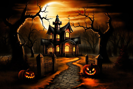 Halloween pumpkin head jack lantern with burning candles and a scary house with dead trees. Generative AIの素材