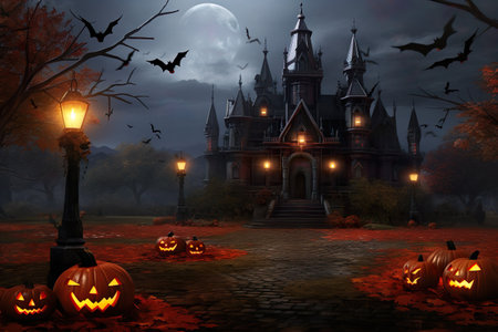 Halloween pumpkin head jack lantern with burning candles and a scary house with dead trees. Generative AIの素材