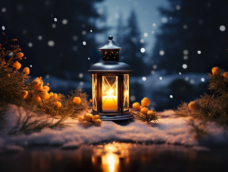 Warm winter lantern glowing on the snow. Generative AIの素材