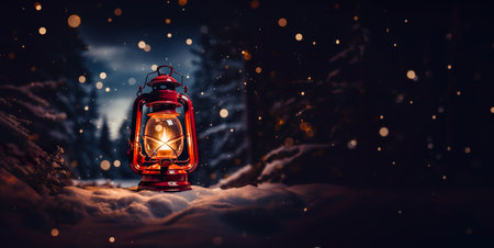 Warm winter lantern glowing on the snow. Generative AIの素材
