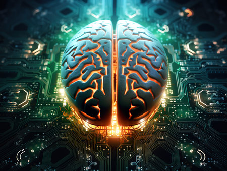 Human brain as a computer microchip. AI based computer microchip. Generative AI.の素材