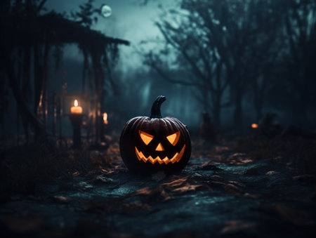 Scary Halloween pumpkins in a dark path. Generative AI.の素材