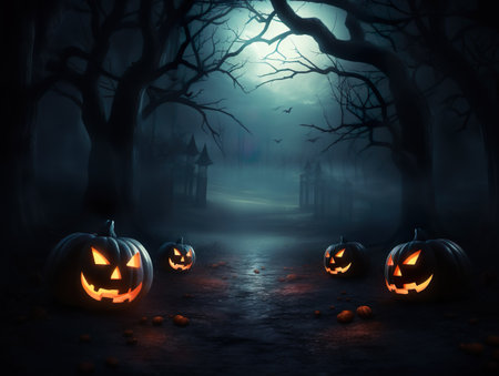 Scary Halloween pumpkins in a dark path. Generative AI.の素材