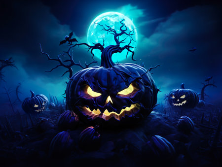Scary Halloween pumpkins in a dark path. Generative AI.の素材