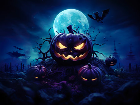 Scary Halloween pumpkins in a dark path. Generative AI.の素材