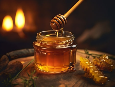 Tasty view of a fresh honey in a glass jarの素材