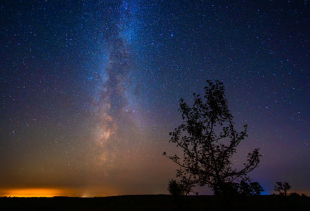 Night landscape with colorful Milky Way, autumn skyの写真素材