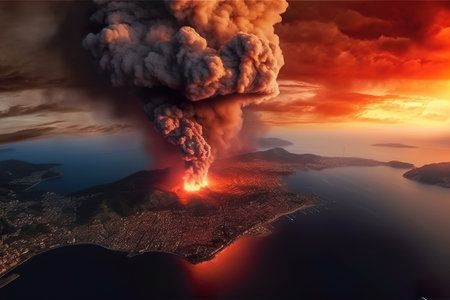 Imagination of Campi Flegrei caldera eruption in Italy. Generative AI.の素材