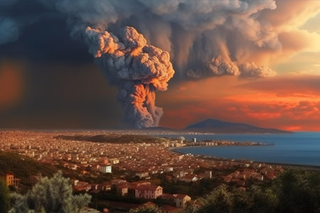 Imagination of Campi Flegrei caldera eruption in Italy. Generative AI.の素材