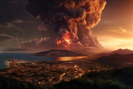 Imagination of Campi Flegrei caldera eruption in Italy. Generative AI.の素材