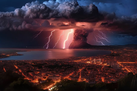 Imagination of Campi Flegrei caldera eruption in Italy. Generative AI.の素材