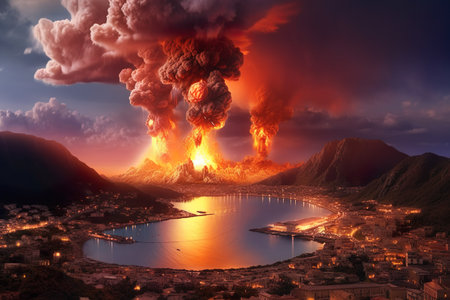 Imagination of Campi Flegrei caldera eruption in Italy. Generative AI.の素材