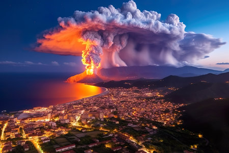 Imagination of Campi Flegrei caldera eruption in Italy. Generative AI.の素材