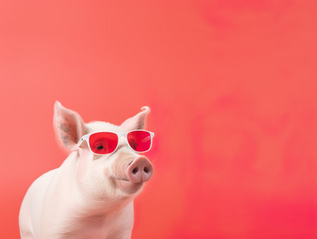 Pig with pink glasses in a pink backgroundの素材