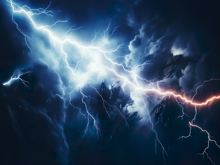 Lightning strike isolated in black backgroundの素材