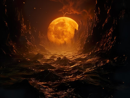 Surrealistic view of a moon in the Ocean and a stormy seaの素材