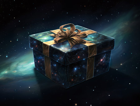 Black friday. Black present box floating in the space. Cosmic discounts.の素材