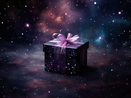 Black friday. Black present box floating in the space. Cosmic discounts.の素材