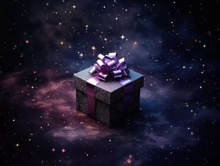 Black friday. Black present box floating in the space. Cosmic discounts.の素材