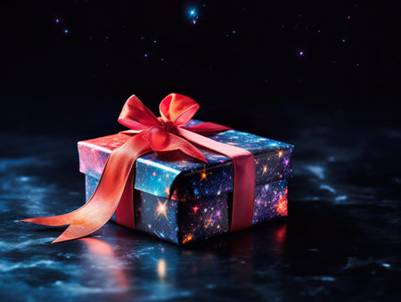 Black friday. Black present box floating in the space. Cosmic discounts.の素材