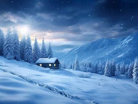 Snowy house in the wild, cold winter landscape with cozy houseの素材