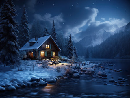 Cozy wooden house in the mountains at winterの素材