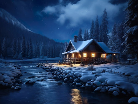 Cozy wooden house in the mountains at winterの素材