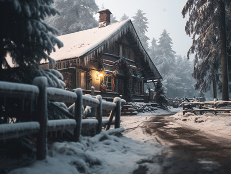 Cozy wooden house in the mountains at winterの素材