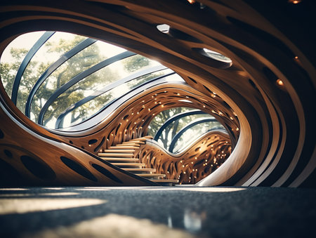Nature Meets Architecture: A Biophilic Design Pathway with Wooden Arches and Plantsの素材