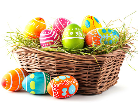 Basket of colourful Easter eggs isolated in whiteの素材