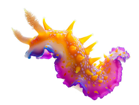 A colorful sea slug with yellow and purple spikes on a white backgroundの写真素材