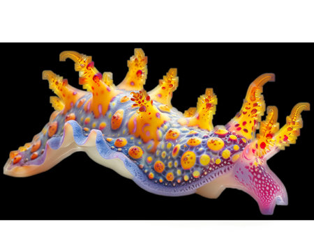 A colorful sea slug with yellow and purple spikes on a white backgroundの写真素材